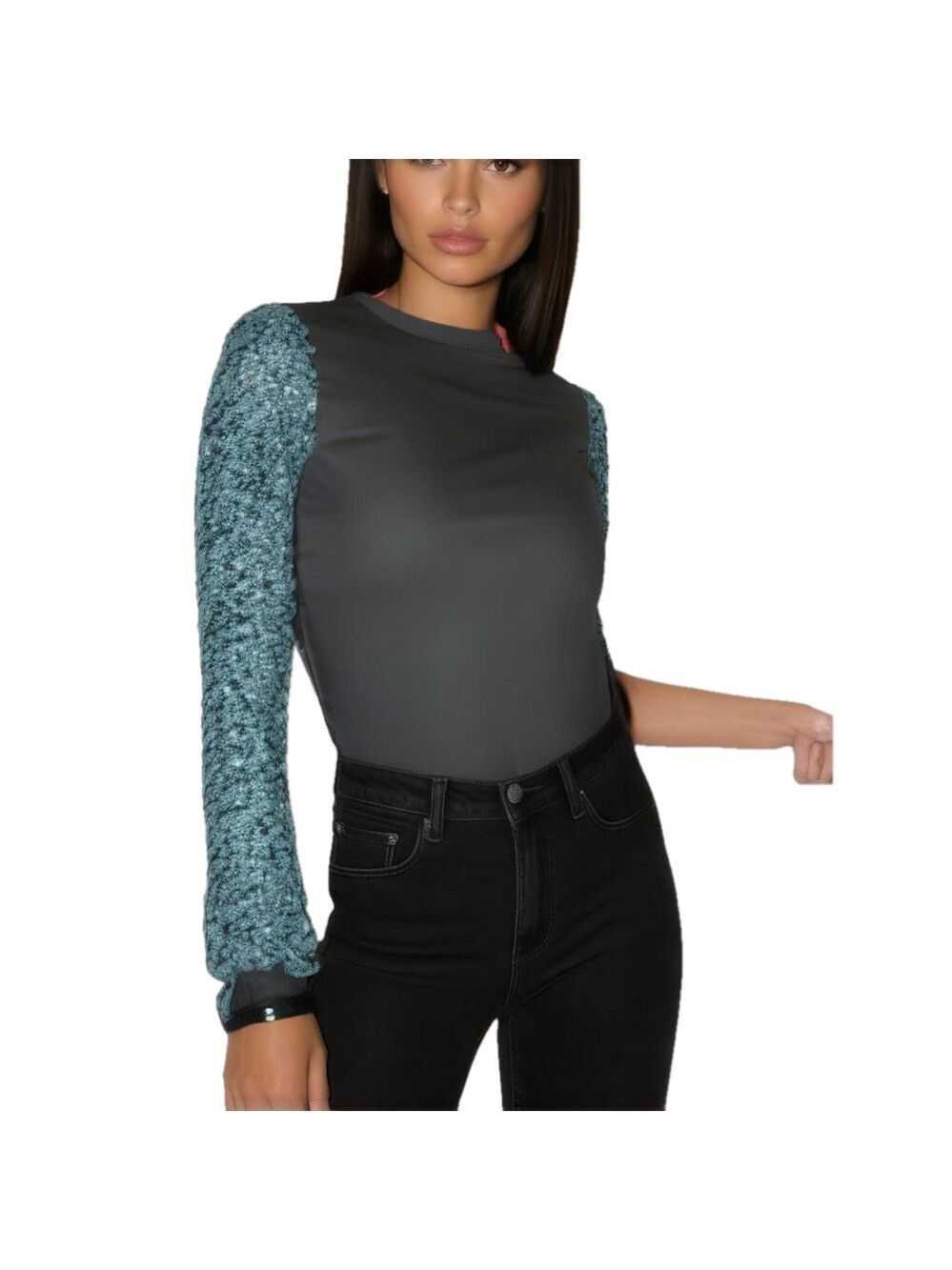 Boutique Womens Bodysuit Medium Long Sleeve Sequins Ribbed Knit Top